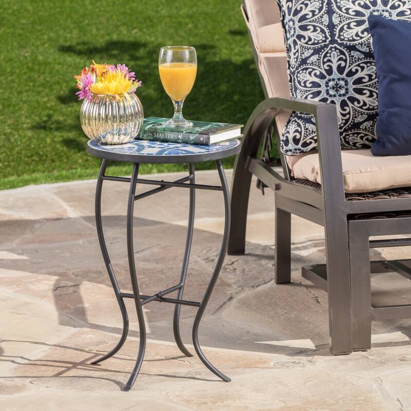 Roomfitters End Table, Round Outdoor Side Table with Blue Mosaic Top and Curved Metal Legs for Patio or Garden, White+Blue
