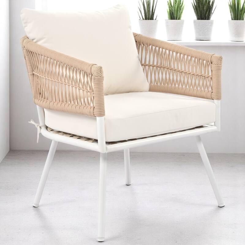 4-Piece Boho Patio Furniture Set with Rope Woven Chairs,Wood Table & Cushions - Outdoor Conversation Set