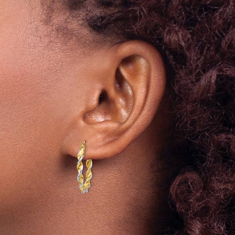 Curata 14k Yellow Gold and Rhodium Fancy Polished 20x2.75mm Twisted Hoop Earrings
