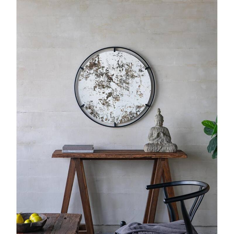 Black Iron Round Wall Mirror with Antique Finish, Vertical Accent Design - 0.7” x 31.5” x 31.5” (D x W x H)