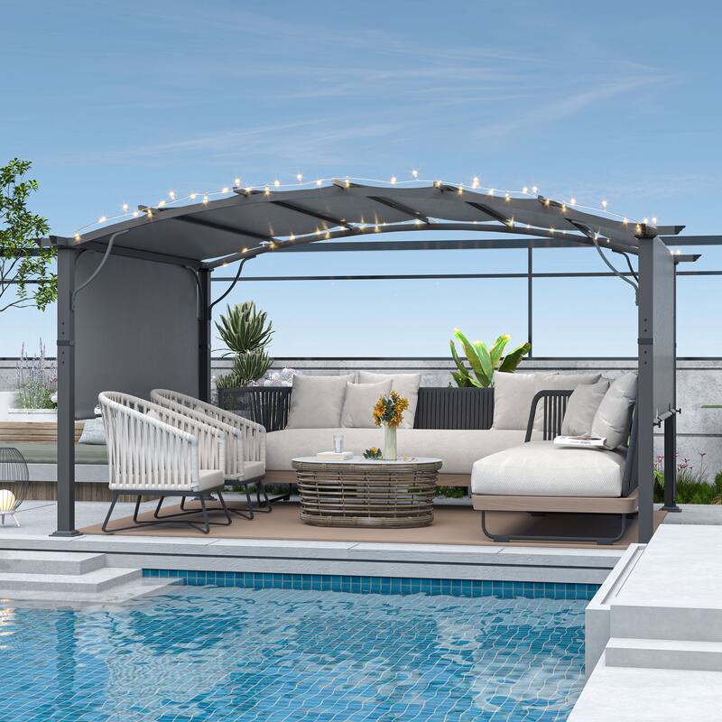 Aluminum Outdoor Pergola with Slightly Arched Canopy and Retractable Shade