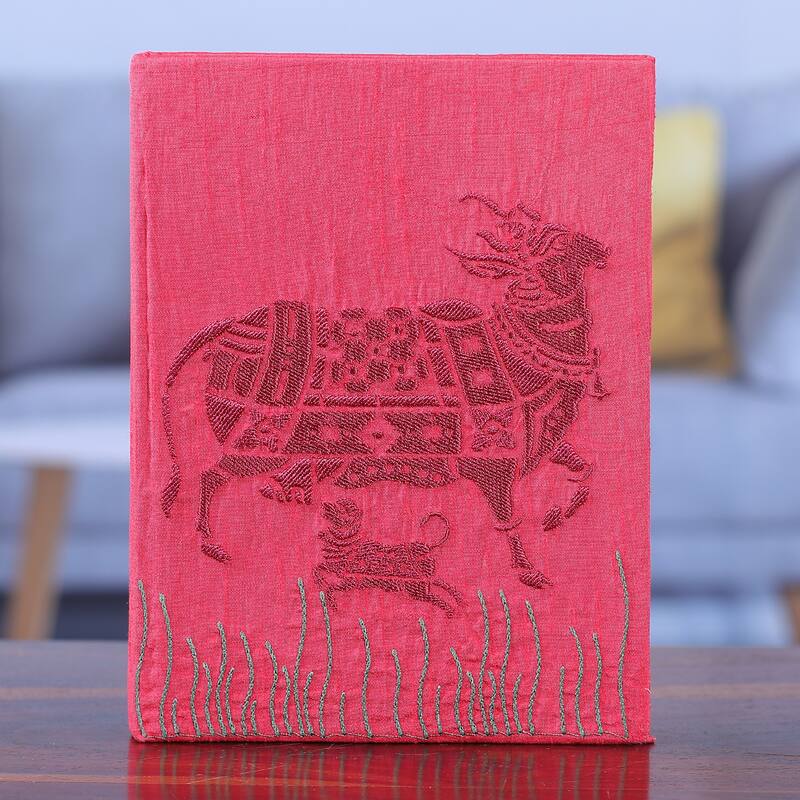 Novica Handmade Kamadhenu In Pink Rayon Embroidered Journal