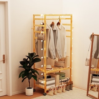 Bamboo Rolling Clothes Rack with Storage Shelves and Hanging Rod - W 30.9" x D 15.75" x H 66.34"