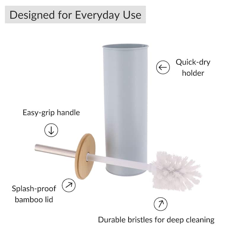 Metal Toilet Brush and Holder Set With Bamboo Lid