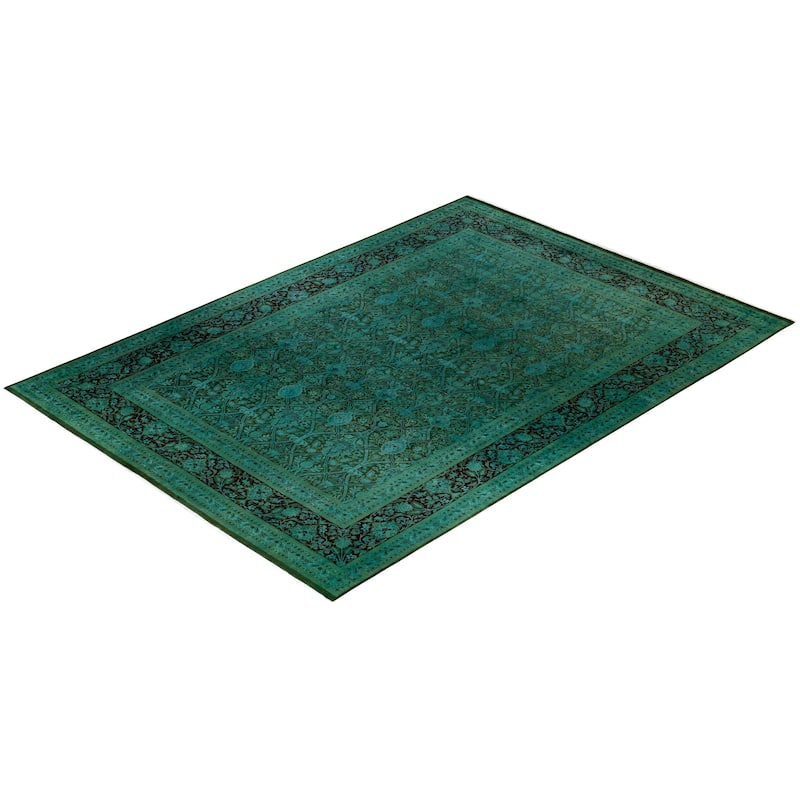 Overton Hand Knotted Wool Vintage Inspired Modern Contemporary Overdyed Green Area Rug - 9' 10" x 14' 0"