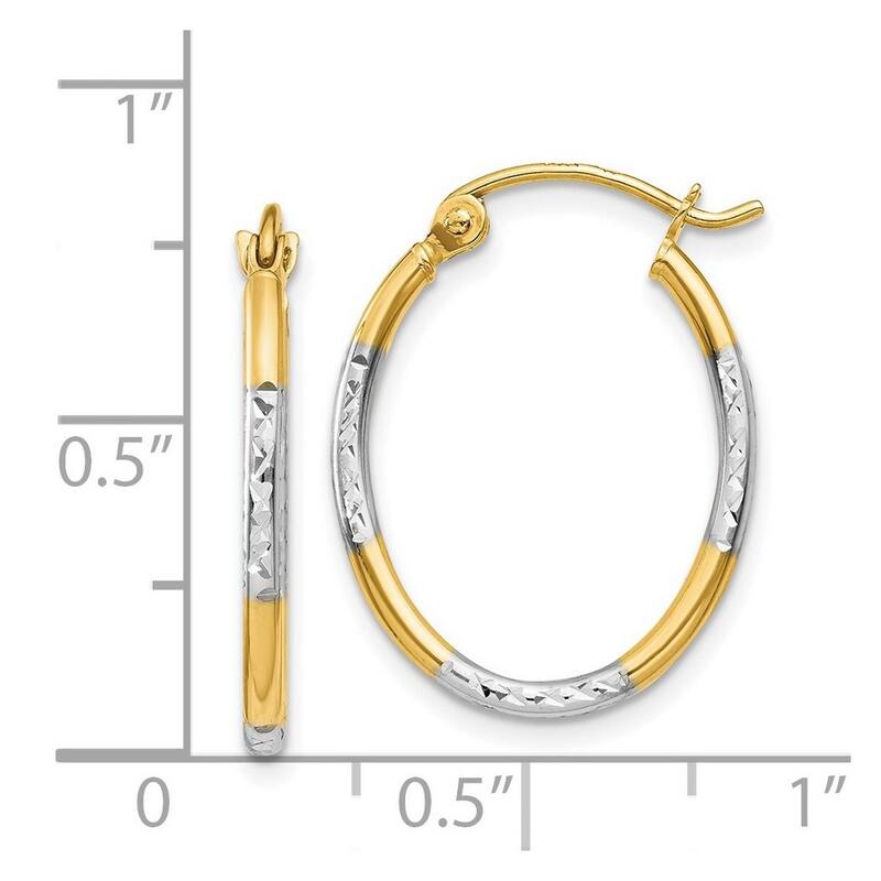 Curata 14k Yellow Gold 21x1.5mm Rhodium Sparkle Cut Oval Hoop Earrings