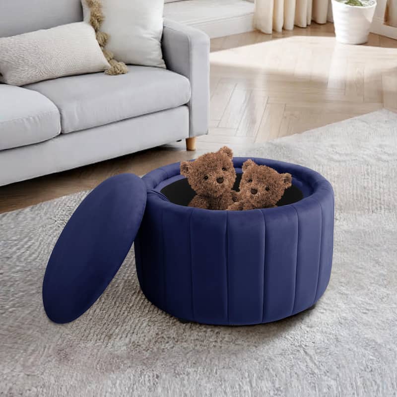 30" W Round Velvet Upholstered Storage Ottoman with Flip Top Tray - Blue