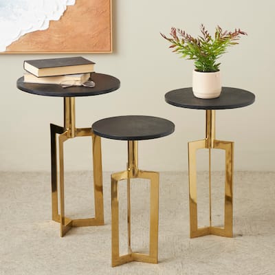 Gold or Black Aluminum Metal Geometric Accent Table with Black Marble Tabletops (Set of 3)