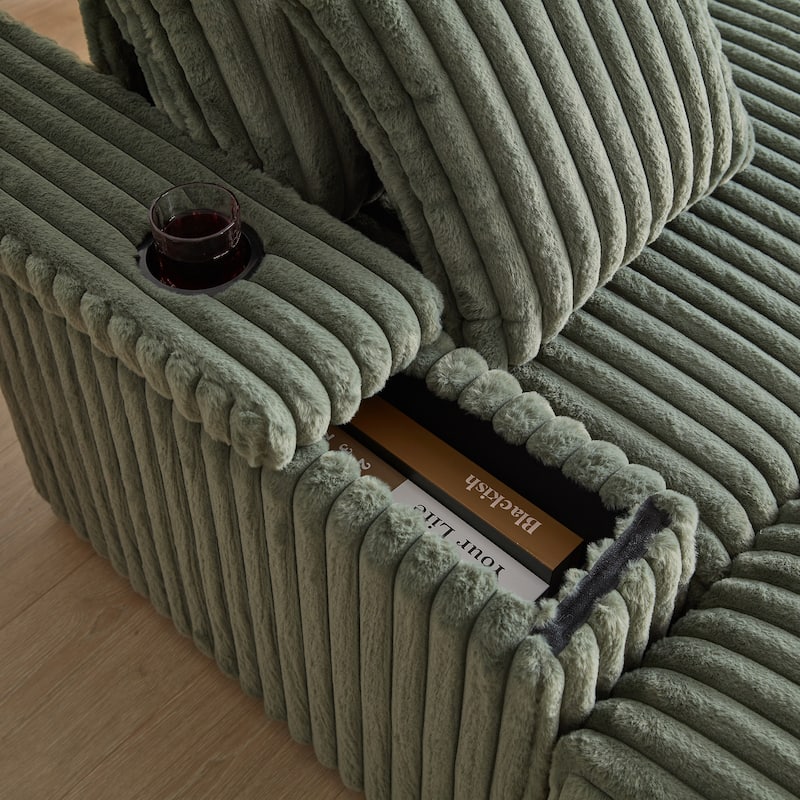 Roomfitters 84" Corduroy 3-Seater Sofa, Deep Seat Couch with 2 Ottomans, Storage, Cup Holders, 3 Back and 2 Toss Pillows