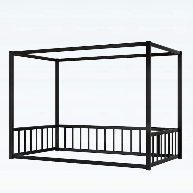 Floor House Bed with Fence-Style Guardrails,Modern Low-Profile Design