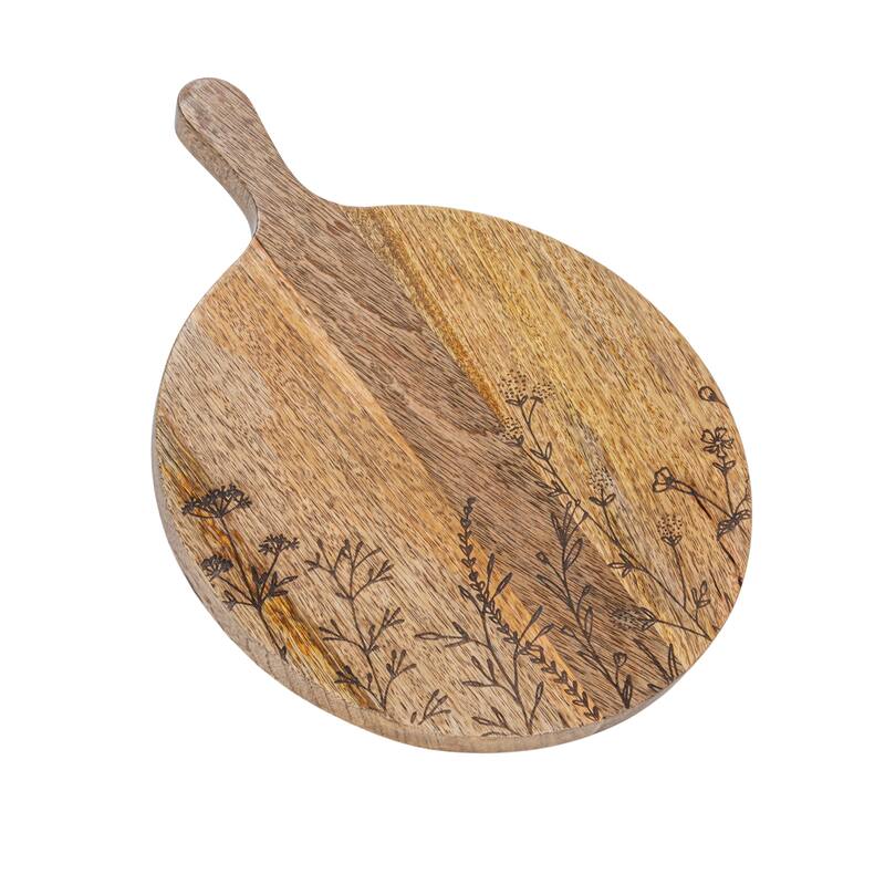 Mango Wood Cheese Board with Laser Etched Flowers - 15.8"L x 11.8"W x 0.8"H