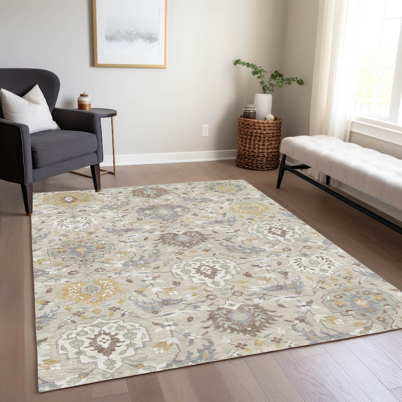 Machine Washable Indoor/ Outdoor Traditional Kashan Chantille Rug - Beige - 5' x 7'6"