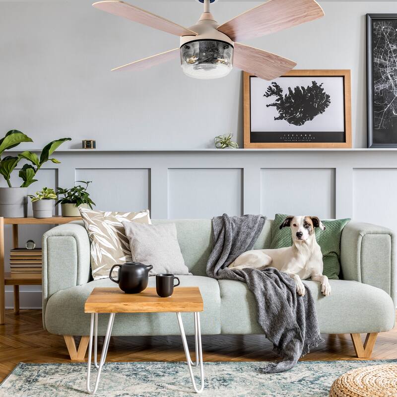 Aiden River of Goods Almond and Light Oak Metal Remote-Controlled 42" Ceiling Fan - 42" x 42" x 11"/15.25"