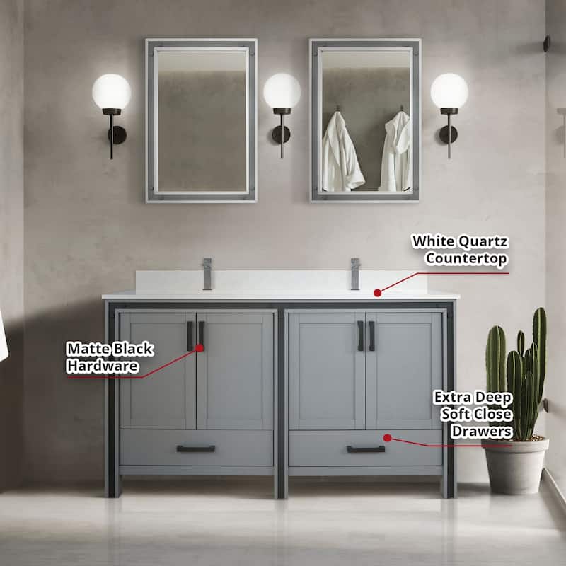 Ziva Bath Vanity, White Quartz Top, Faucet Set and Mirrors