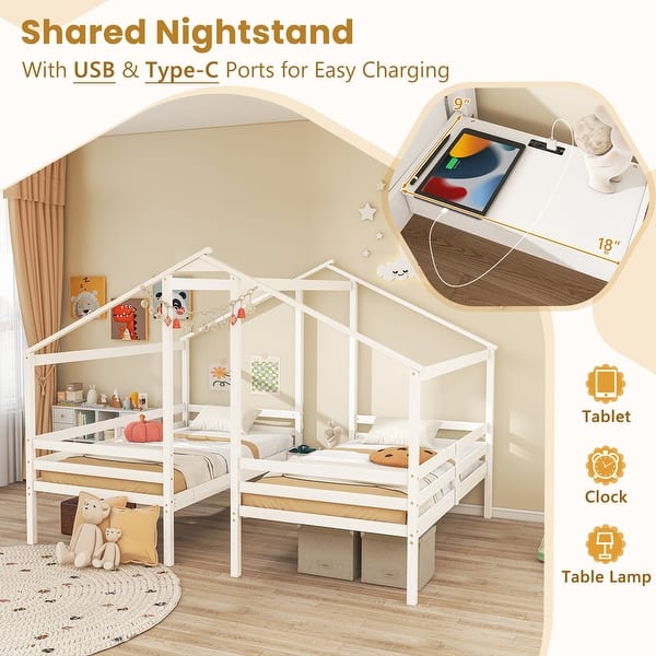 dimension image slide 0 of 2, Double Twin Size Wooden Bed Frames with Built-in Table for Kids