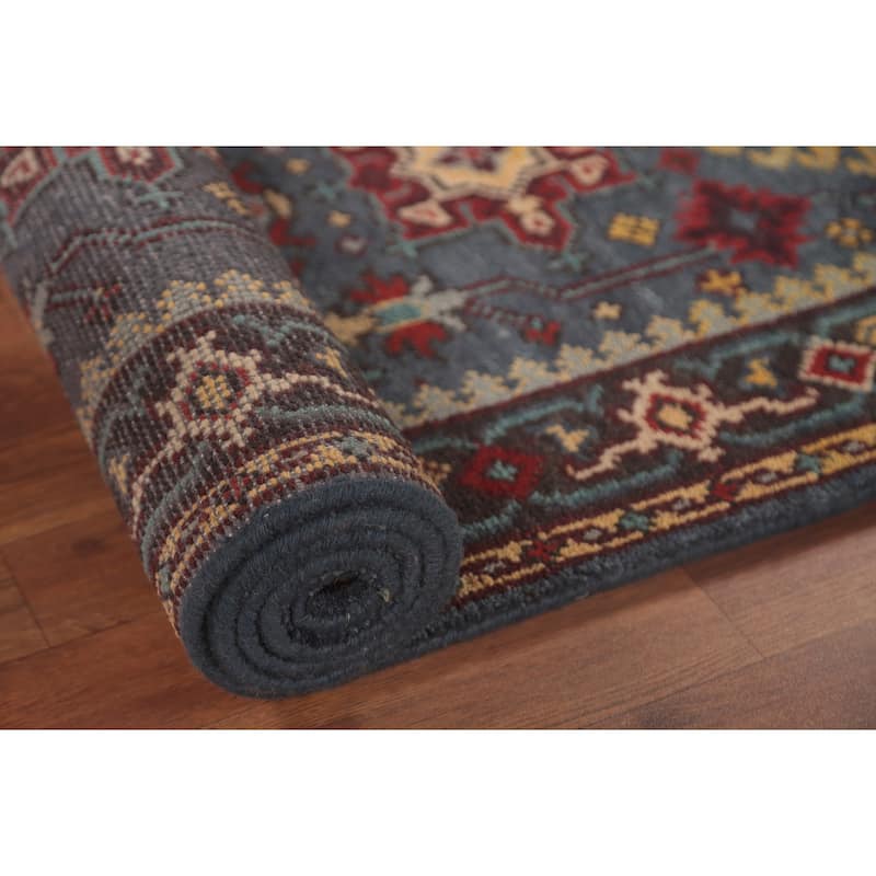 Geometric Kazak Runner Rug Handmade Blue Traditional Wool Carpet - 2'8"x 8'0"