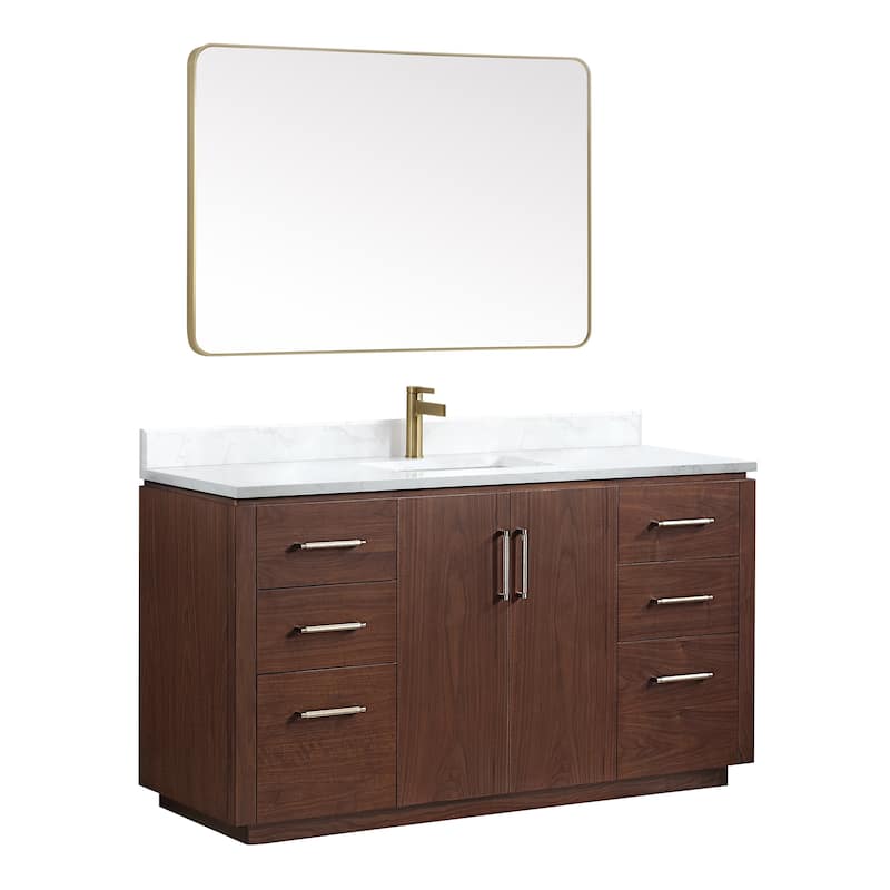 San Single Bath Vanity with Composite Stone Top and Mirror - 60in. - Natural Walnut