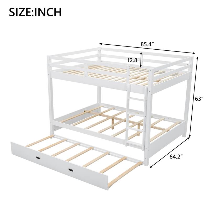 Queen Size Pinewood Bunk Bed with Ladder, Guard Rails and Twin XL Trundle
