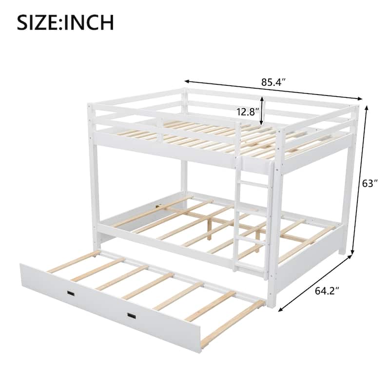 Wood Queen Size Bunk Bed with Ladder and Twin XL Trundle