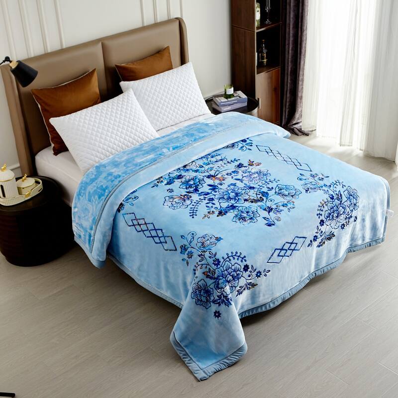 Floral & Animal 2-Ply Heavy Raschel Blanket 85" X 95" - King - Blue Flower