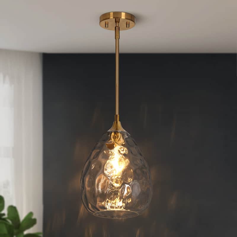 Modern 1-Light Brass Gold Pendant Light with Textured Glass for Kitchen Island