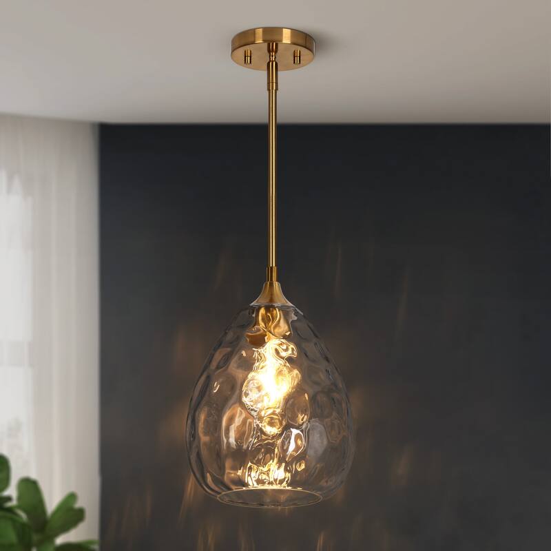 Modern 1-Light Teardrop Gold Pendant Light for Kitchen Island with Textured Glass Shade - D 7.8" x H 11.2"