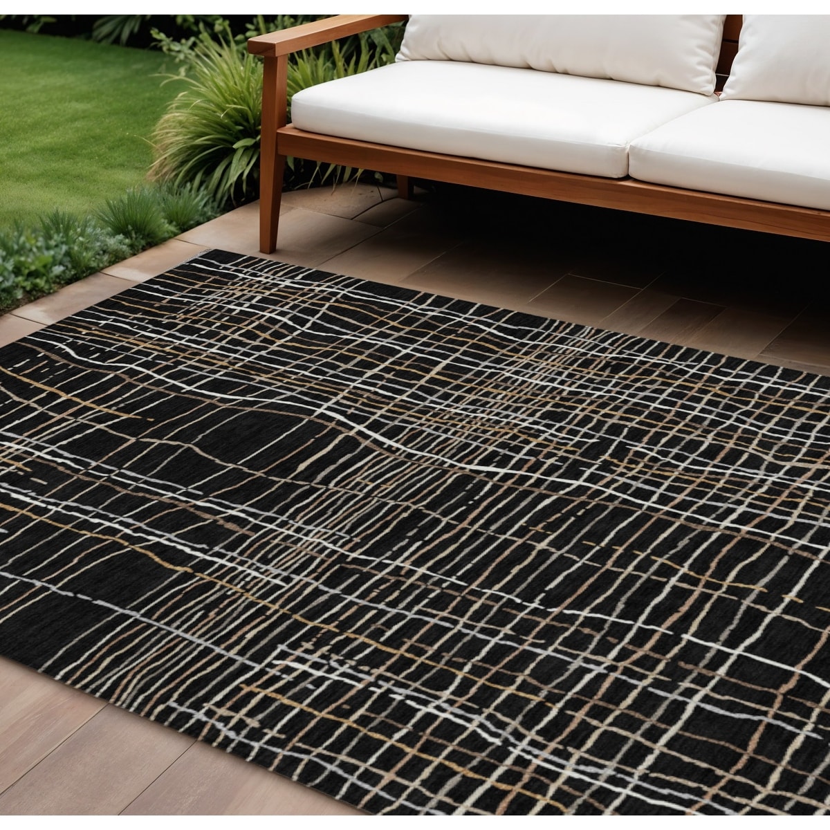 8' X 10' Black Ivory And Brown Striped Washable Indoor Outdoor Area Rug - 9' x 12'