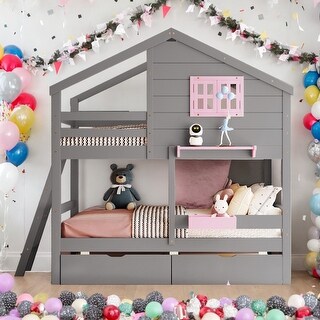 Twin over Twin Bunk Bed with 2 Drawers, Shelf, Window and Roof, Gray