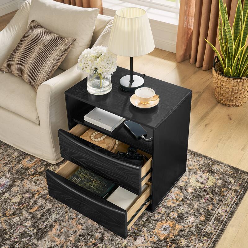 Anmytek Black 2 Drawer Side Table with Power Strip Charging Nightstand for Bedroom and Living Room