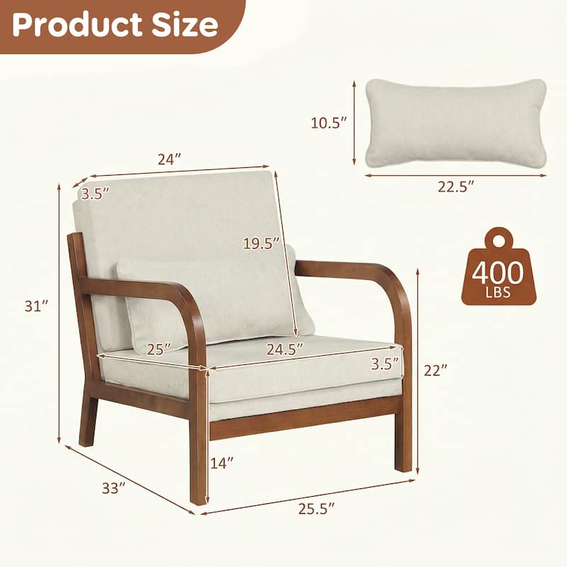 Gymax 2PCS Linen Fabric Upholstered Armchair w/ Lumbar Pillow