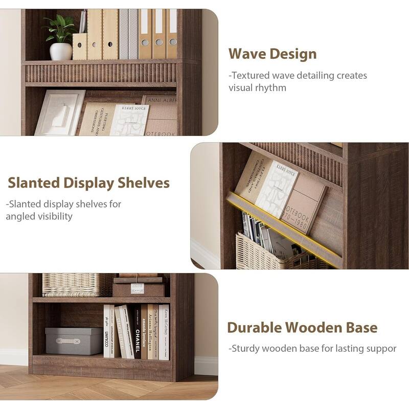 71 Inch Fluted Design Farmhouse Bookcase with Display Rack - N/A