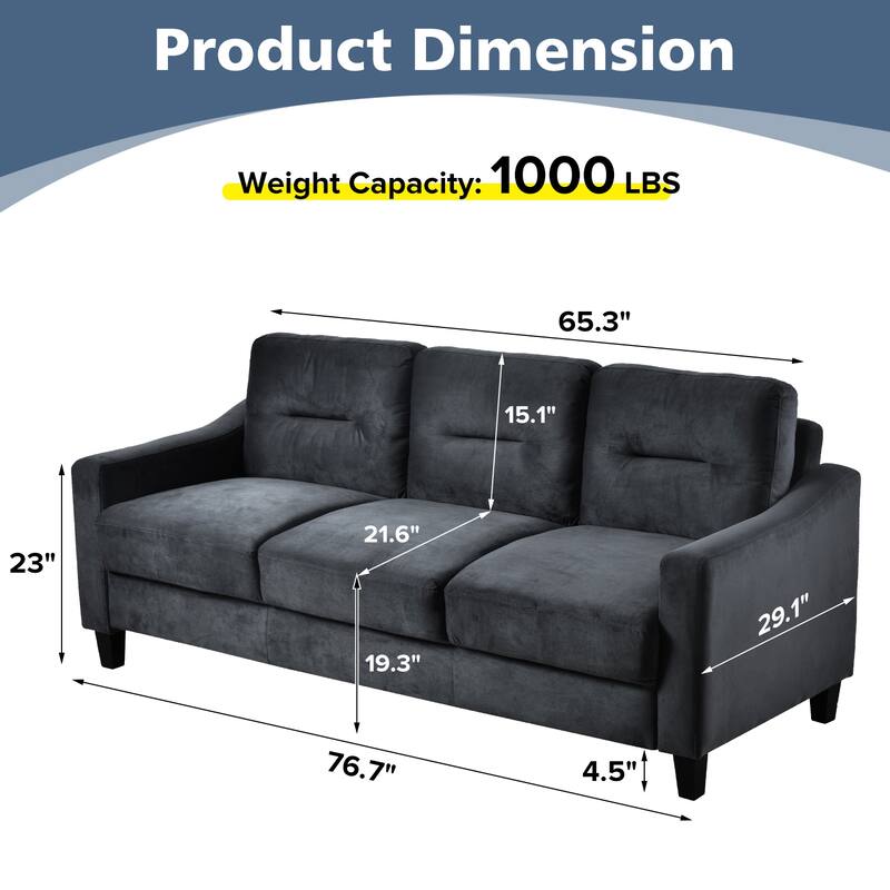 76.7" Velvet 3-Seater Sectional, Detachable Cushions