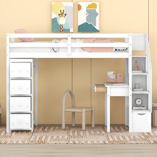 Twin Loft Bed with Desk, Shelves and 4 Drawers, Space-Saving Loft Bed with Stairs, Safety Rails, Guardrail and Pine Wood Frame