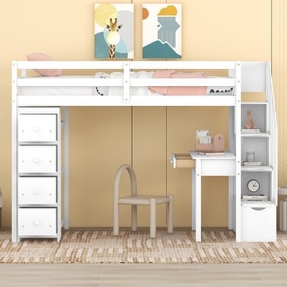 Twin Size Loft Bed with 4 Storage Drawers and Desk, Wooden Kids Loft Bed with Shelves