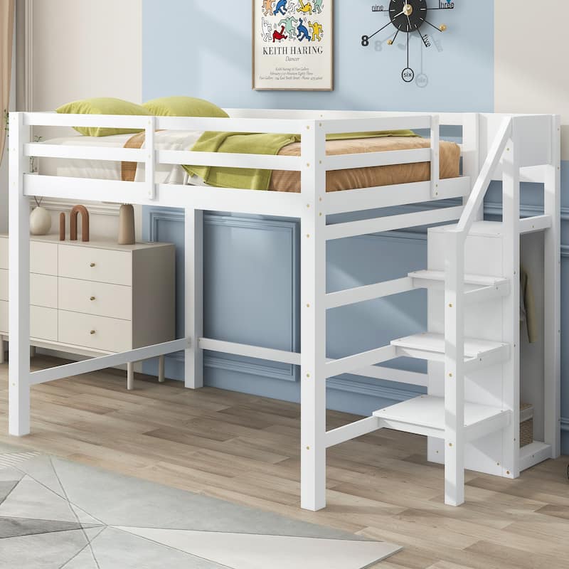 Full Size Loft Bed with Built-in Wardrobe Closet, Storage Staircase, Solid Pine Frame, Space-Saving Design