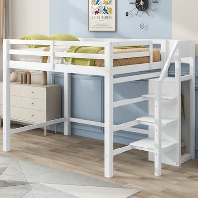 Full Size Loft Bed with Storage Wardrobe and Staircase, Space-Saving Design