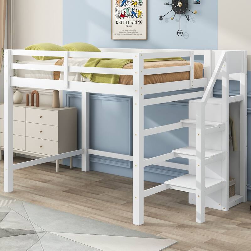 White Full Size Loft Bed with Storage Wardrobe & Staircase, Space-Saving Design