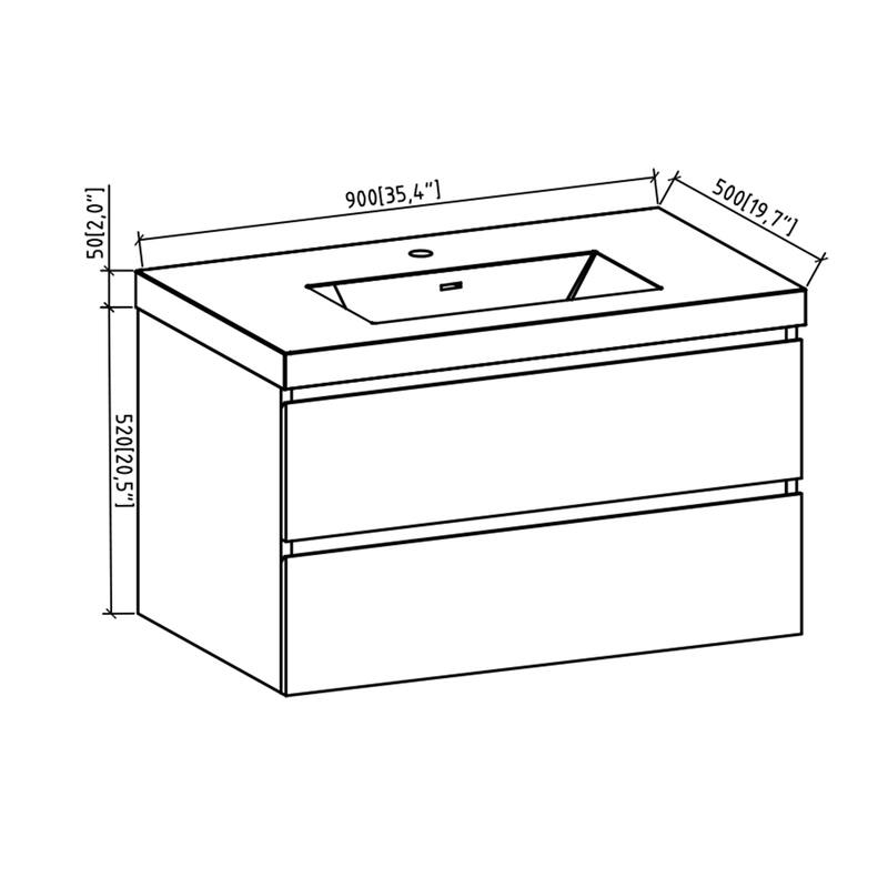 Floating Bathroom Vanity with Resin Top - 35.43'' x 19.45'' x 22.44'' - Grey Oak