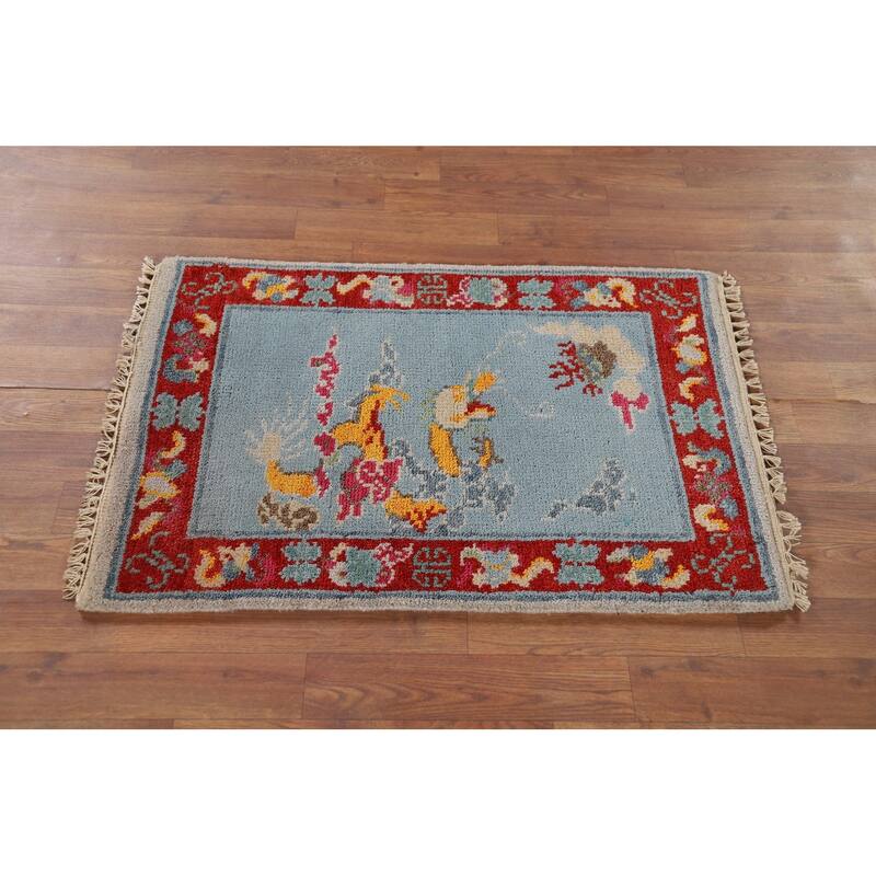 Hand Knotted Oriental 100% Wool Carpet Traditional Bordered Navy Blue & Blues Art Deco Area Rug - 3' 0'' X 2' 0''