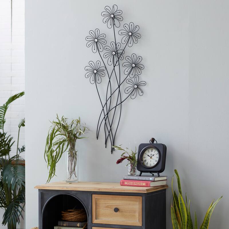 Black Metal 3D Wire Floral Home Wall Decor with Crystal Embellishments - Black