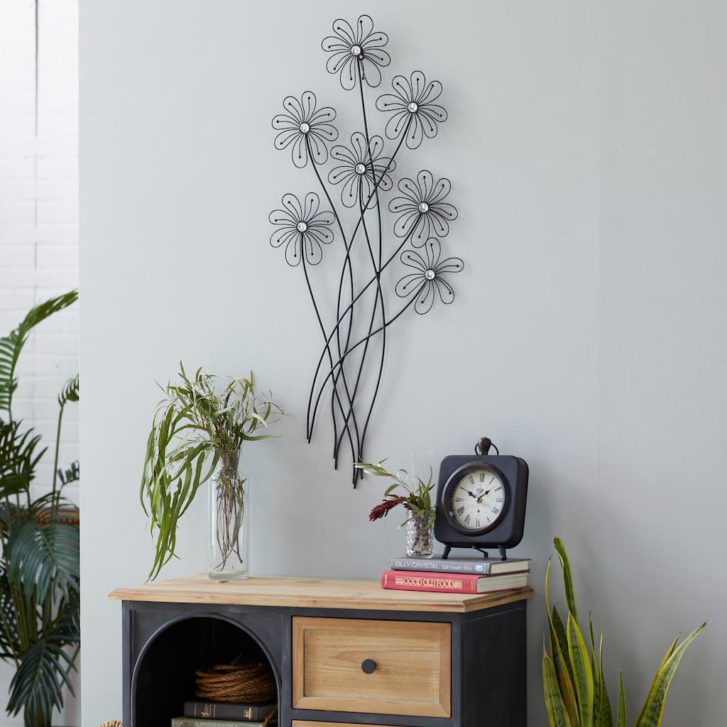 Black Metal 3D Wire Floral Home Wall Decor with Crystal Embellishments