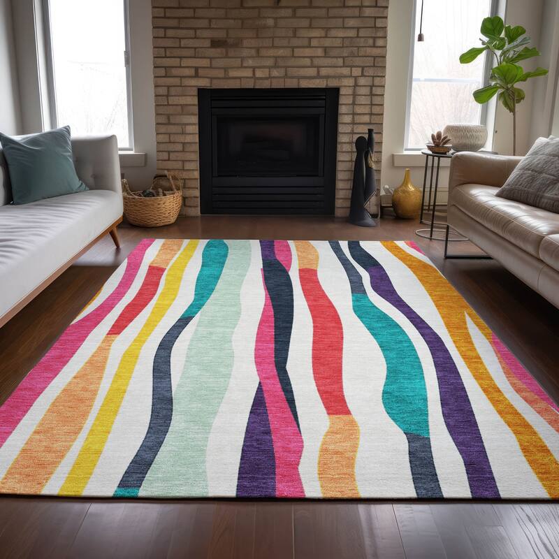 Machine Washable Indoor/Outdoor Modern Stripes Chantille Rug