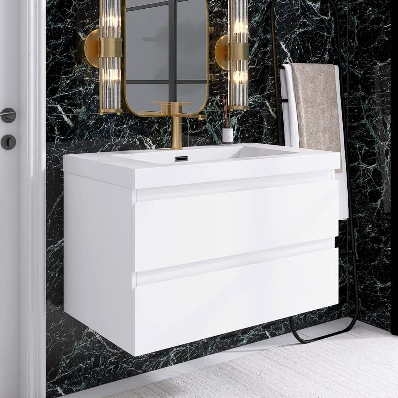 24"/30"/36"/48" Wall-Mounted 2-drawer Bathroom Vanity Set with Integrated Resin Sink