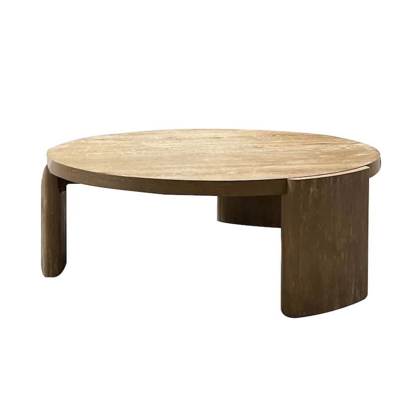 Timore Cocktail Coffee Table, Round 42 Inch Oak Brown Wood Top, Plinth Base