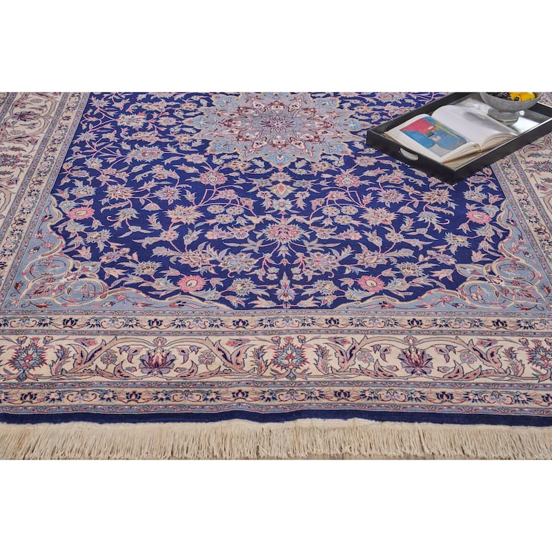 EXQUISITE RUGS ONE-OF-A-KIND Super Fine Isfahan Hand Knotted Navy/Beige Rug - 8'3"x11'2"