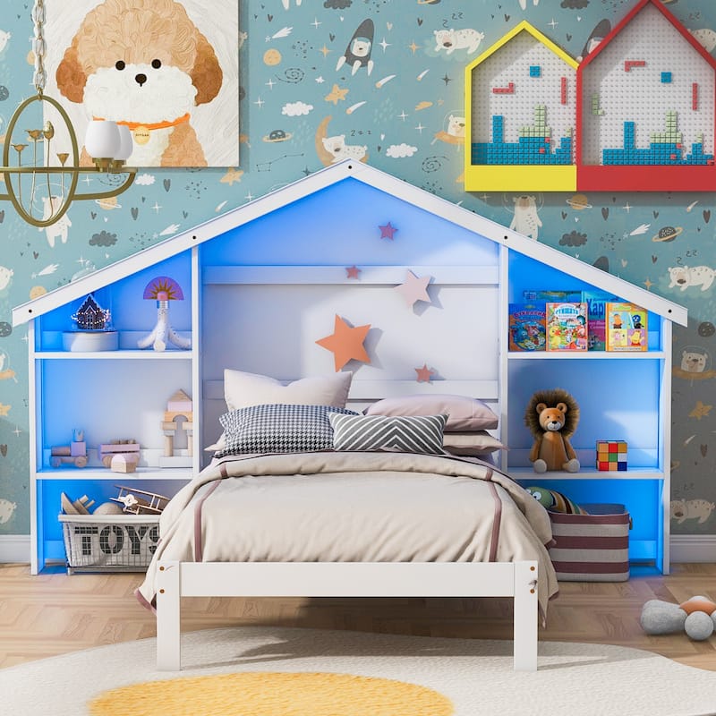 Platform Bed with House-Shaped Storage Headboard and Built-In LED
