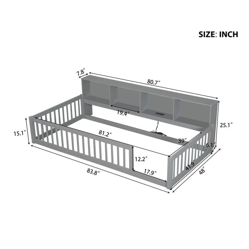 Twin XL Size Floor Bed with Built-in Storage Cabinets, USB Ports, and Charging Station, Perfect for Kids and Small Rooms