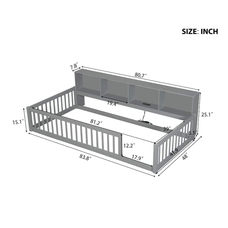 Wood Twin XL Size Floor Bed with Storage Cabinets and USB Ports, Solid Wood Bedframe w/Fence, No Box Spring Needed