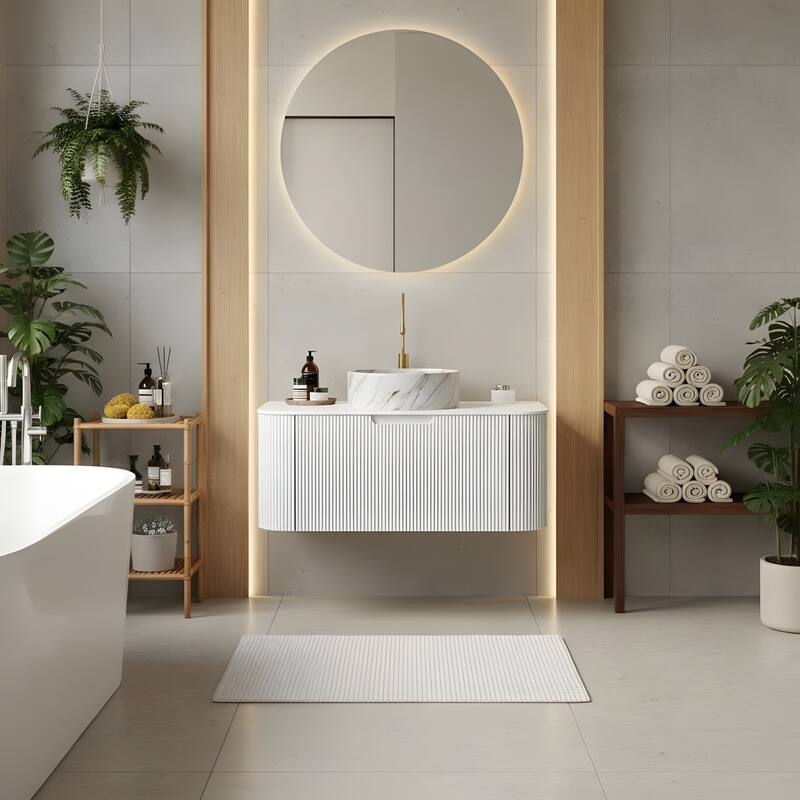 Floating Bathroom with Round Ceramic Basin and Storage Drawer