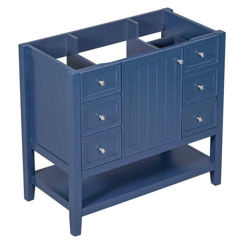 36" Blue Bathroom Vanity Cabinet, Three Drawers, One Cabinet, Open Shelf, Freestanding Design